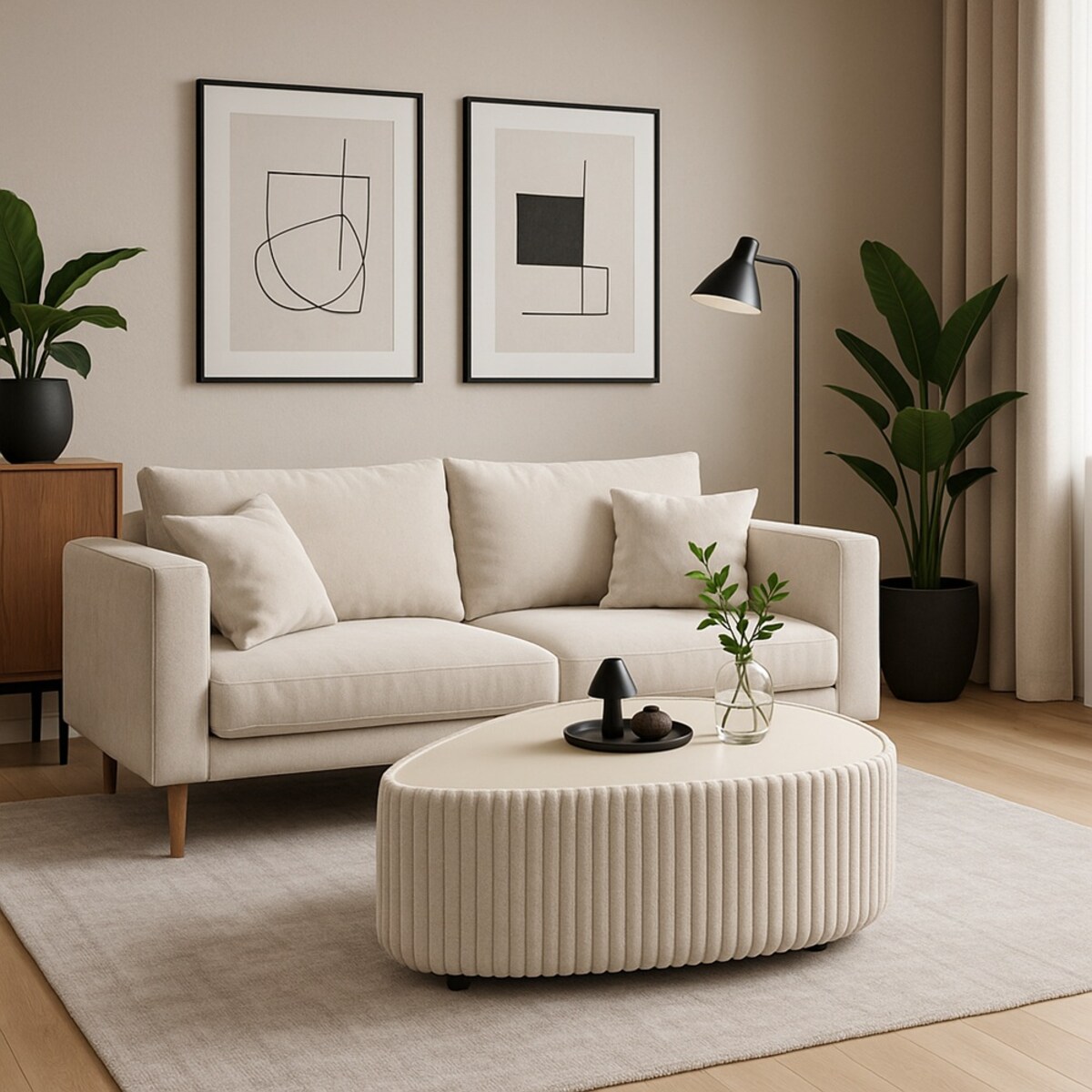 Stolik kawowy tapicerowany MIJA w tkaninie Tilia, śmietankowy