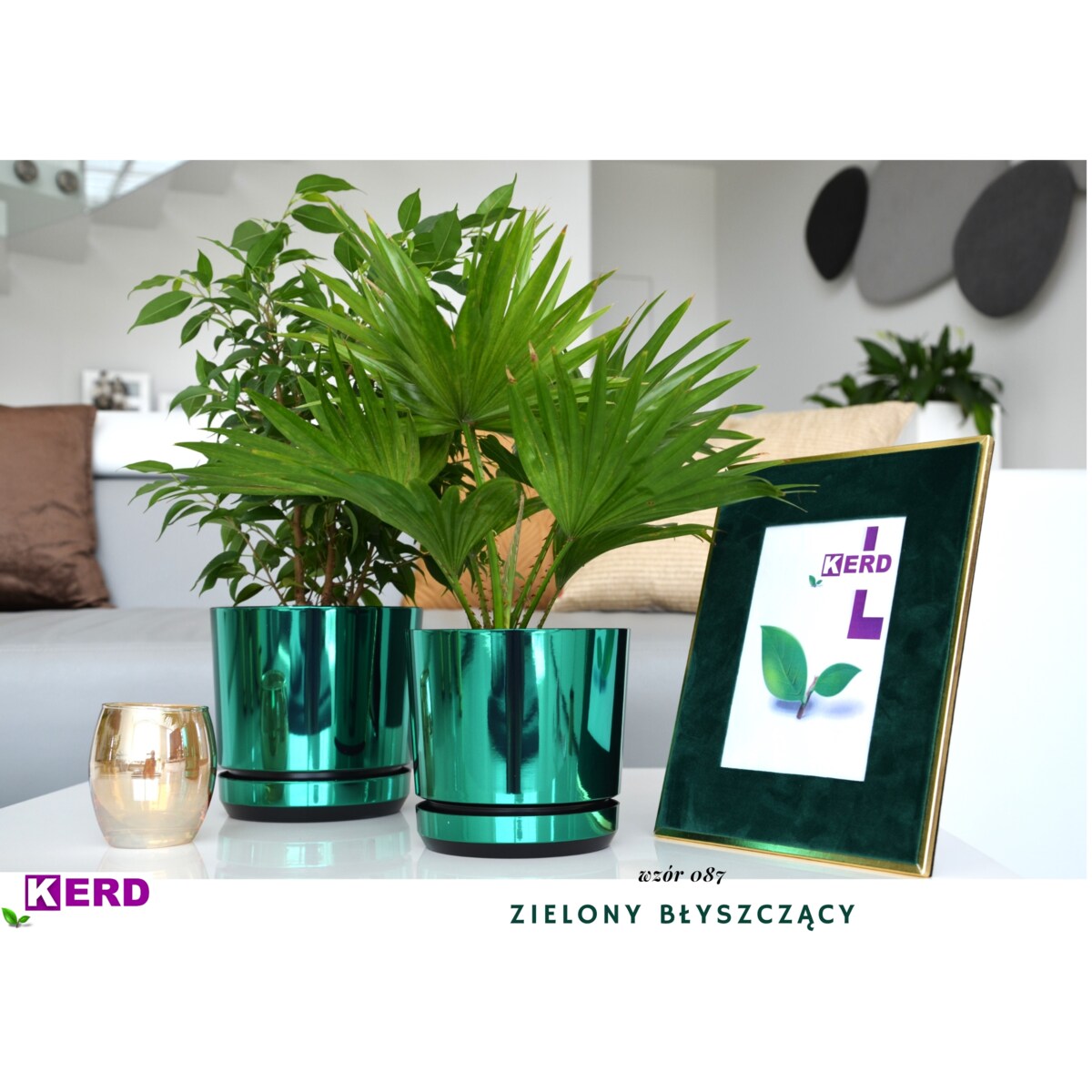 26 cm wzór ZIELONY BŁYSZCZĄCY Doniczka z podstawką nowoczesna glamour wysoki połysk metaliczny idealna do monstera orchidea