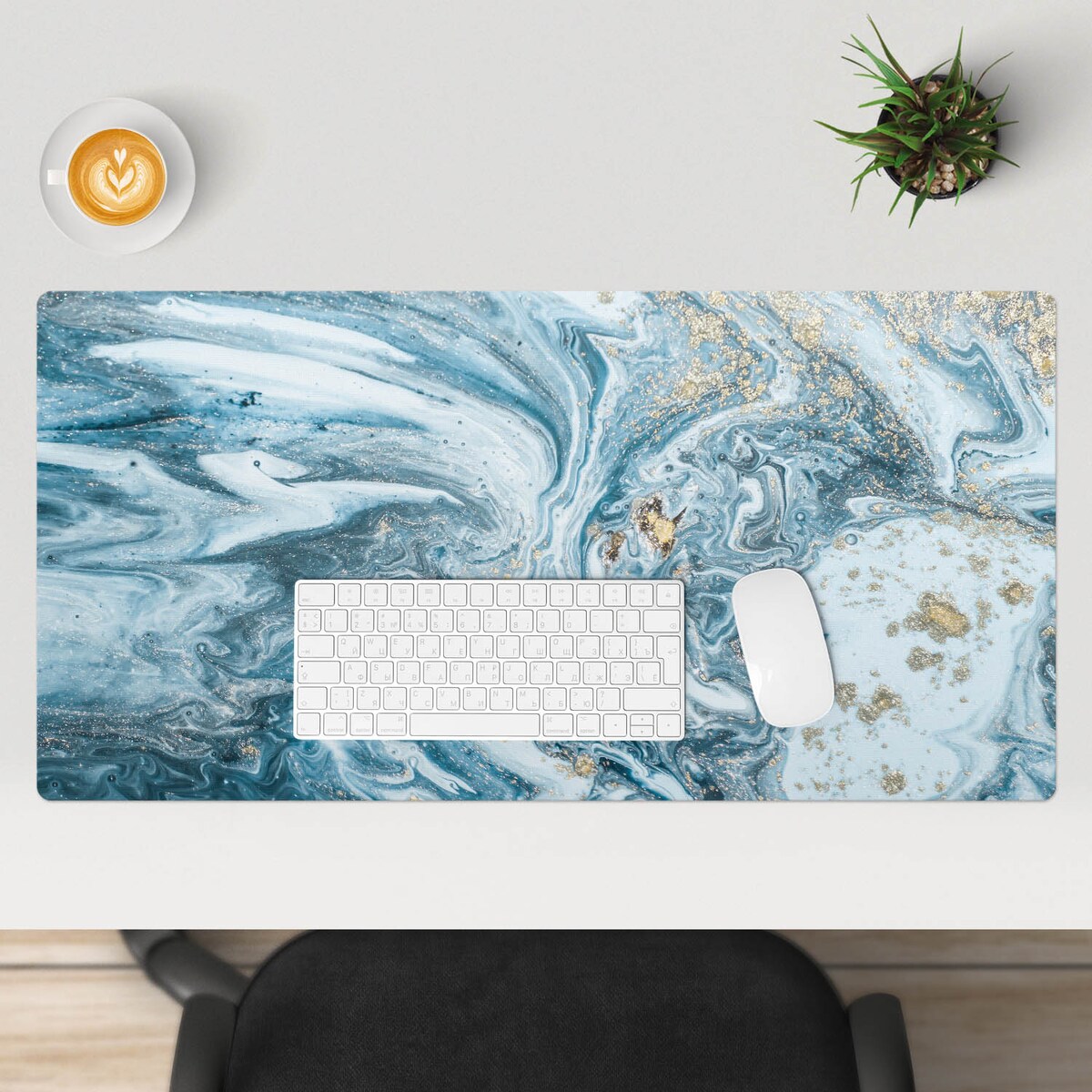 Niebieska mata na biurko Marmurowe fale, 90x45 cm