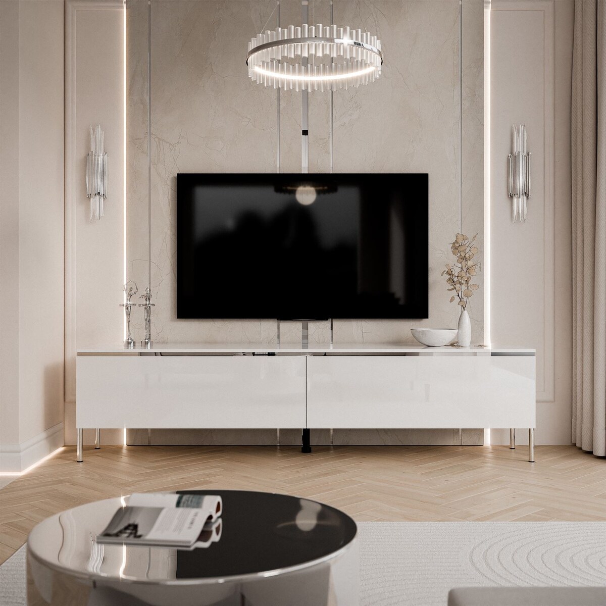 Szafka RTV AURORA SILVER 180 cm biały połysk nogi proste LED