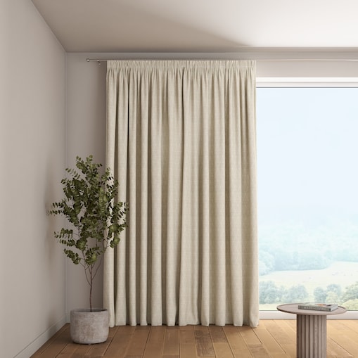 Zasłona na taśmie marszczącej 1 szt. 130x245 trójkąty na beżowo-lnianym tle