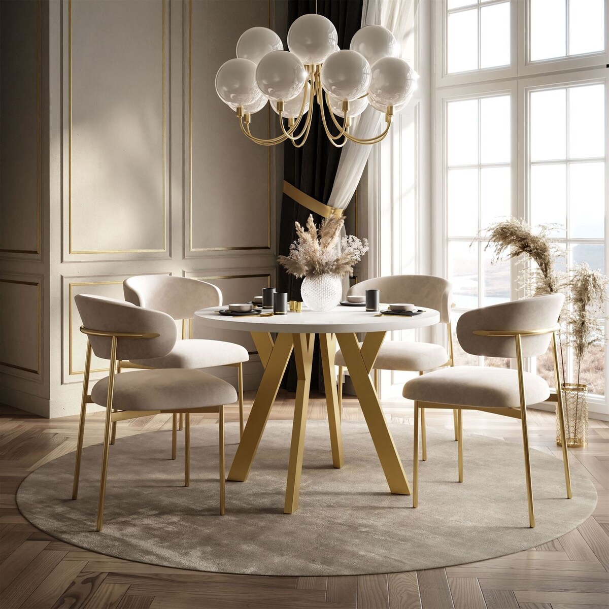 Okrągły stół rozkładany VOLTA MATT, nogi złoty, blat biały