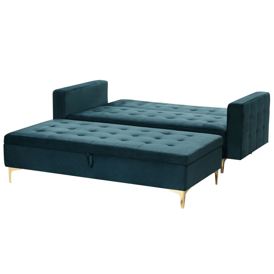 Sofa rozkładana welurowa z otomaną ze schowkiem zielona ABERDEEN