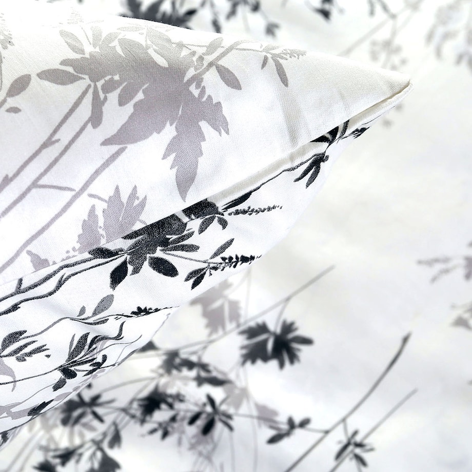 Pościel satyna bawełniana 180x200 Noira biała z czarnym i szarym botanicznym wzorem, Satynlove