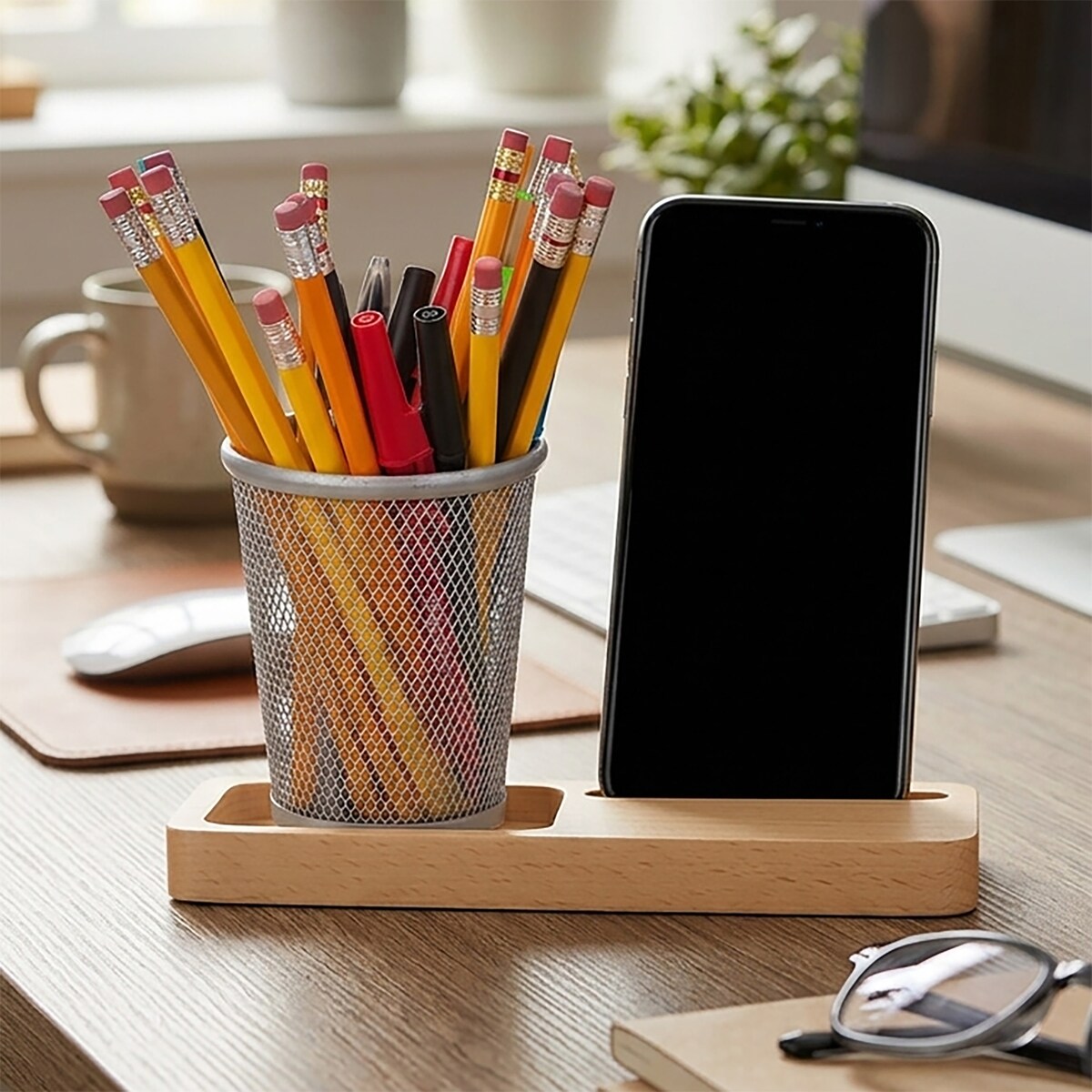 Stojak Na Telefon Organizer Drewniany Na Biurko 2W1 Naturalne Drewno