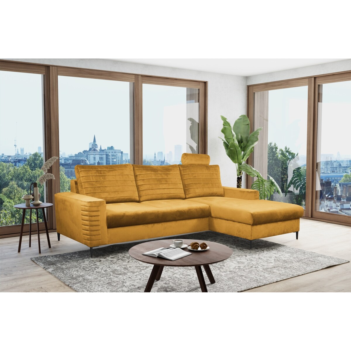 Narożnik rozkładany z zagłówkiem i pojemnikiem OLI prawostronny musztardowy