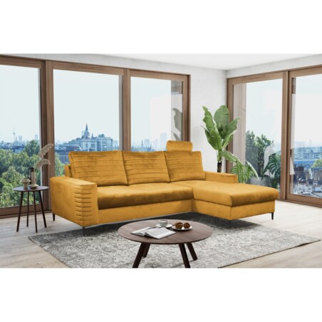 Narożnik rozkładany z zagłówkiem i pojemnikiem OLI prawostronny musztardowy