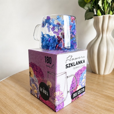 Szklanka termiczna z kwiatami w środku, pełna hortensji, niebieski bordo 180 ml 1szt SZK215