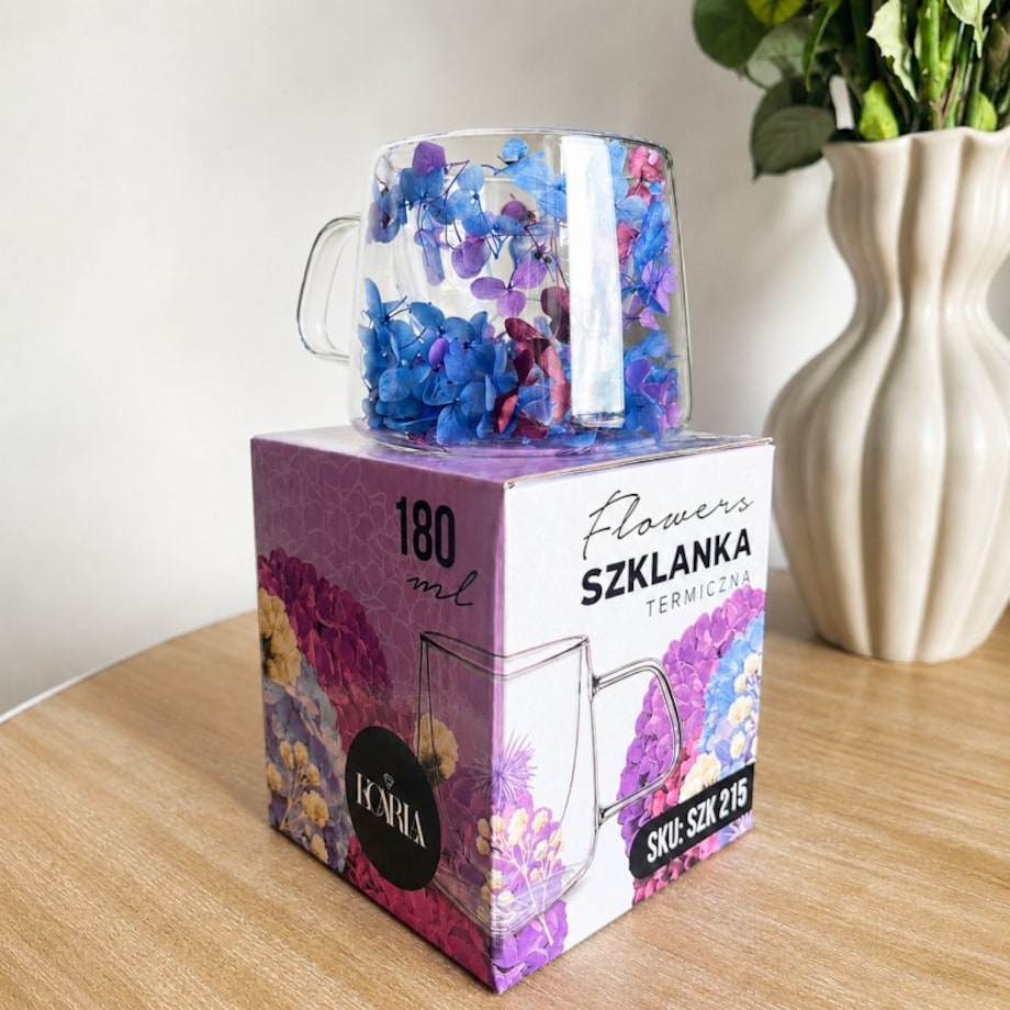 Szklanka termiczna z kwiatami w środku, pełna hortensji, niebieski bordo 180 ml 1szt SZK215