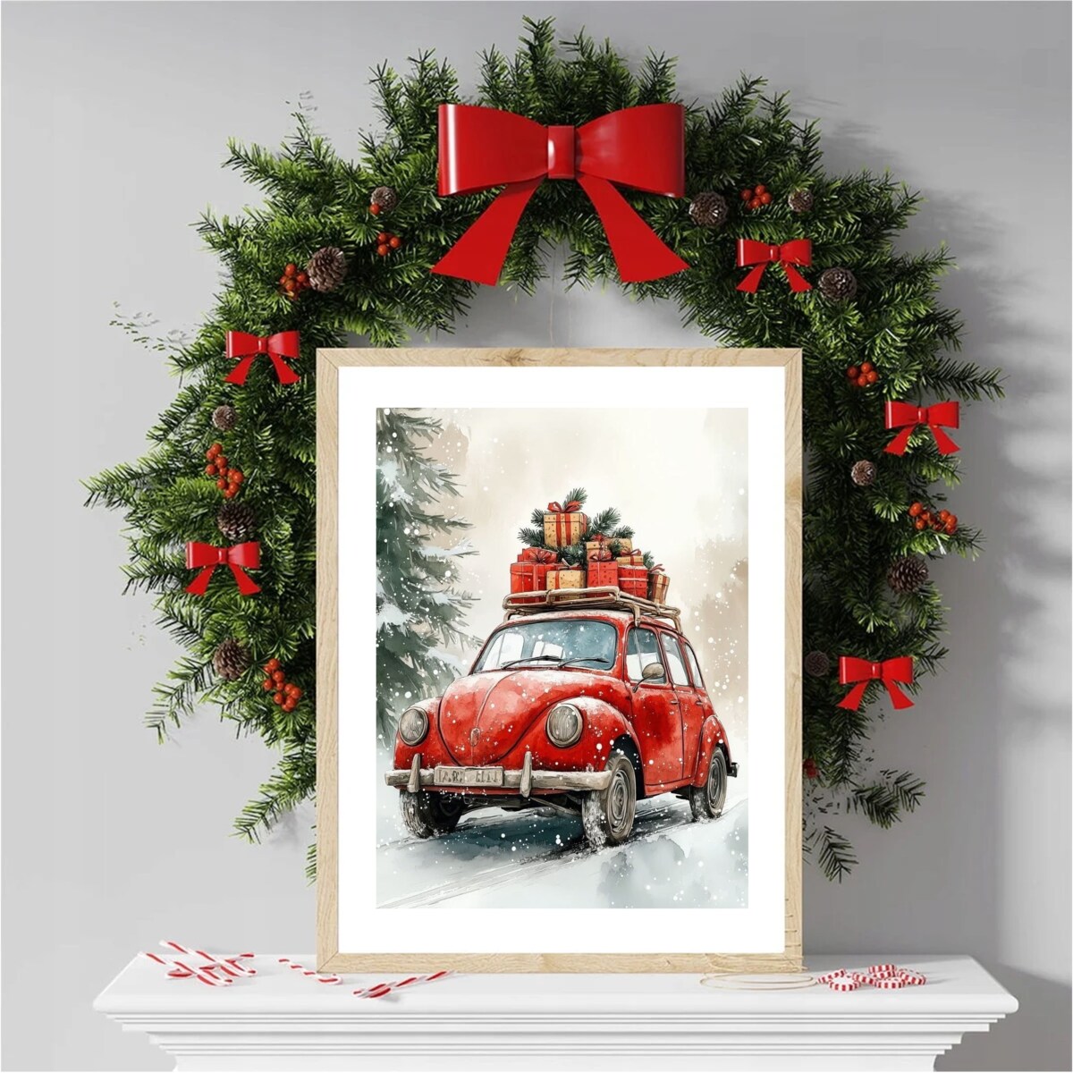 Poster Story, Plakat, Obraz - Świąteczna Podróż Czerwonym Garbusem z Prezentami, wymiary 21 x 30 cm