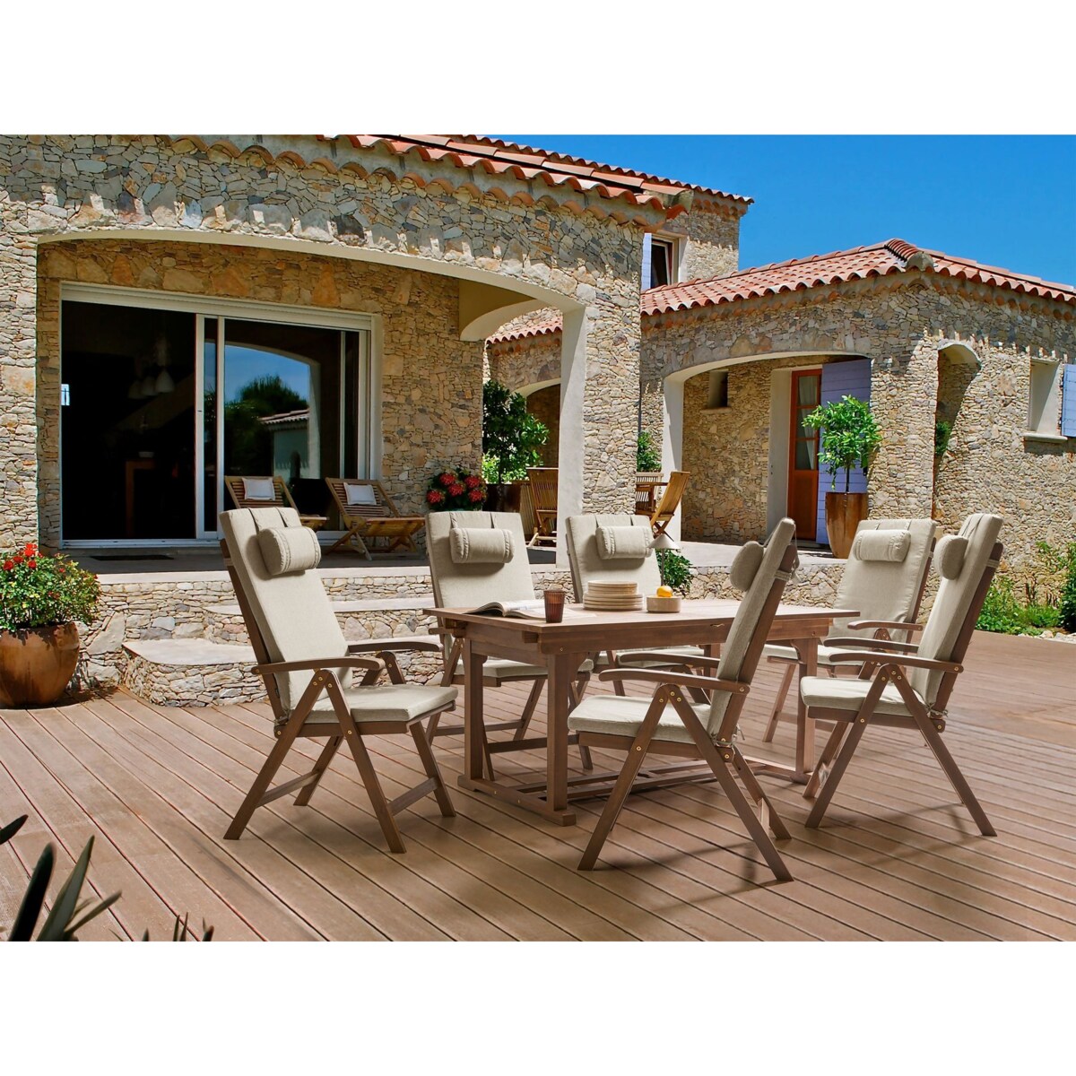 Zestaw ogrodowy dla 6 osób AMANTEA PREMIUM Drewno akacjowe Beżowoszary