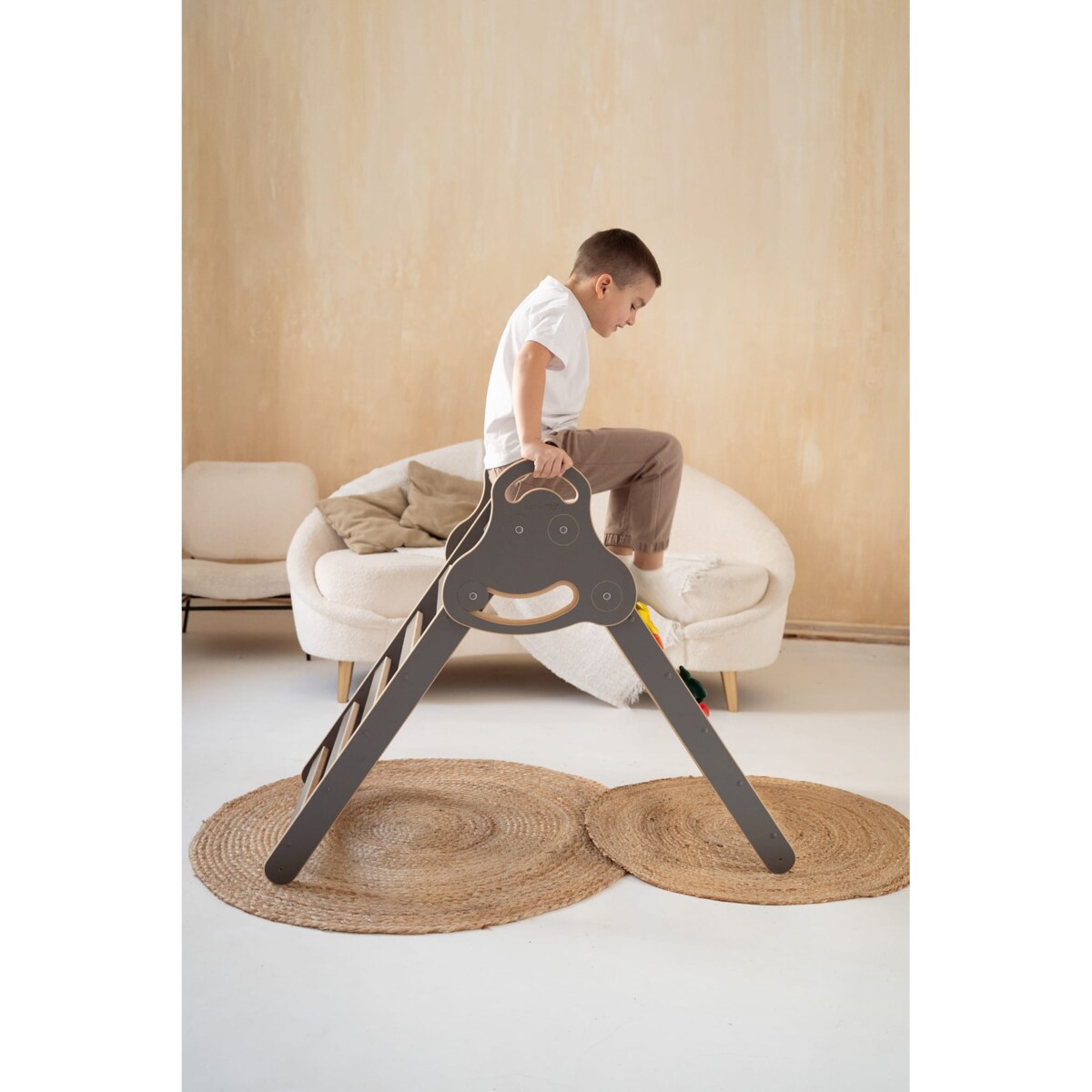 Drabinka Pikler ŚCIANKA WSPINACZKOWA + DUŻA zjeżdżalnia DRABINKA - szara