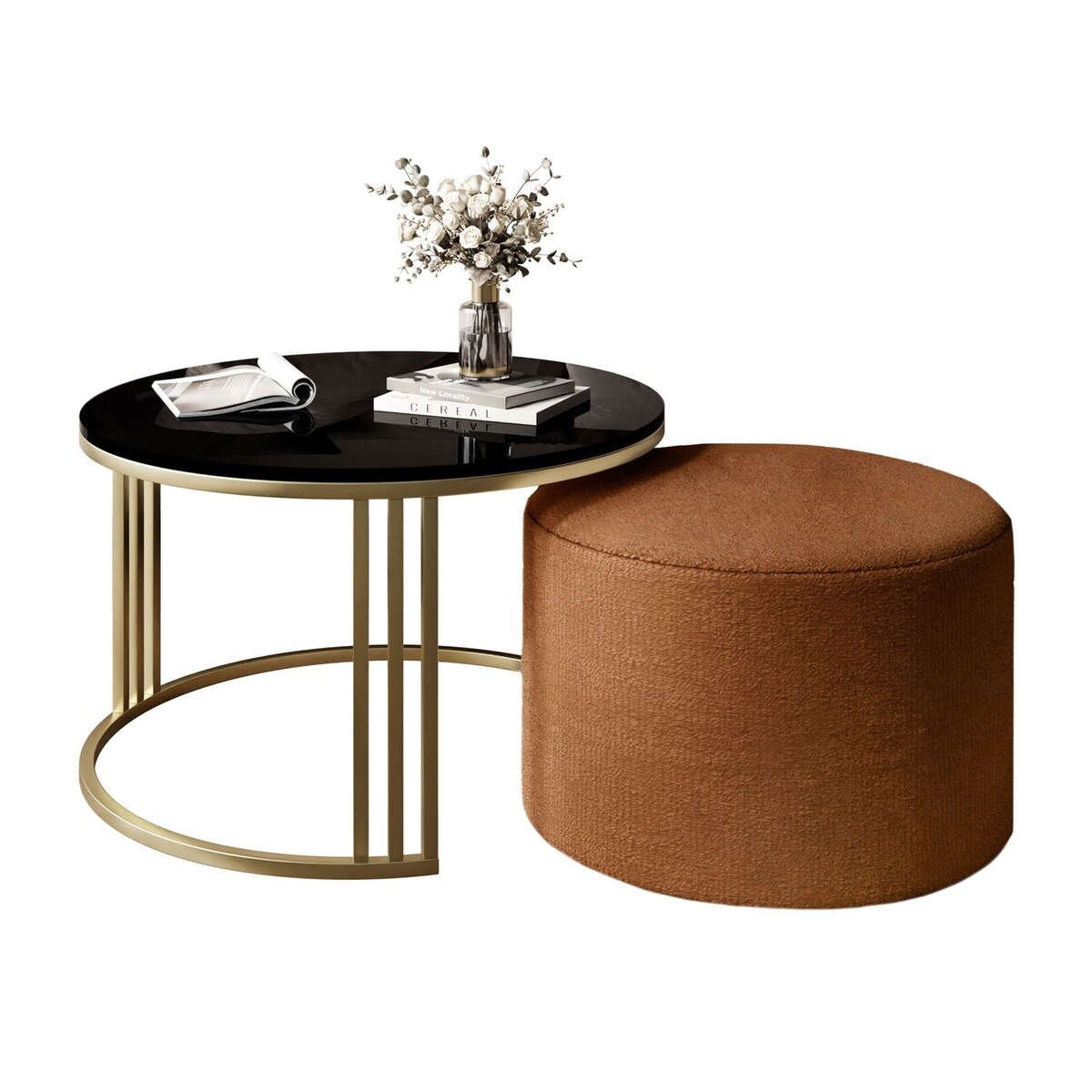 Stolik kawowy z pufą LORI POŁYSK złoto szczotkowane, czarny / Perfect Harmony 52