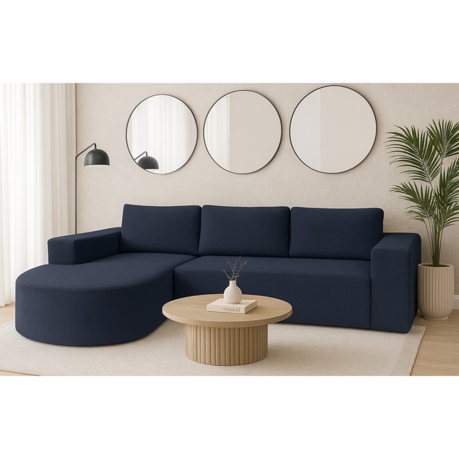 Narożnik Vello z funkcją spania do salonu, lewostronny- boucle- granatowy