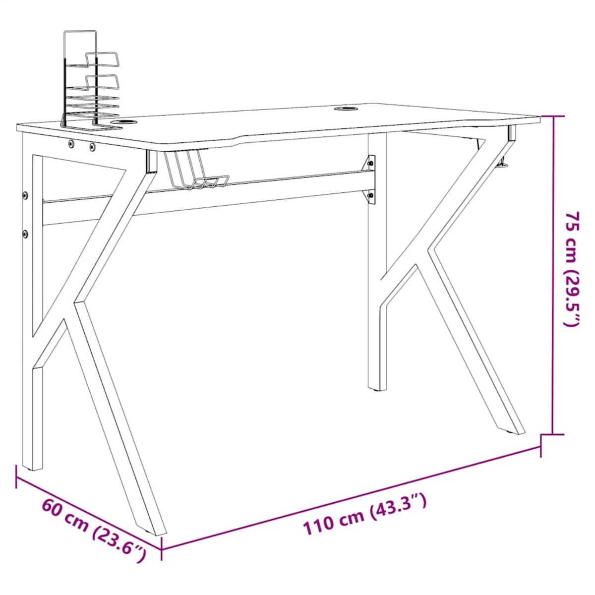 vidaXL Biurko do gier z nogami w kształcie K, czarne, 110x60x75 cm