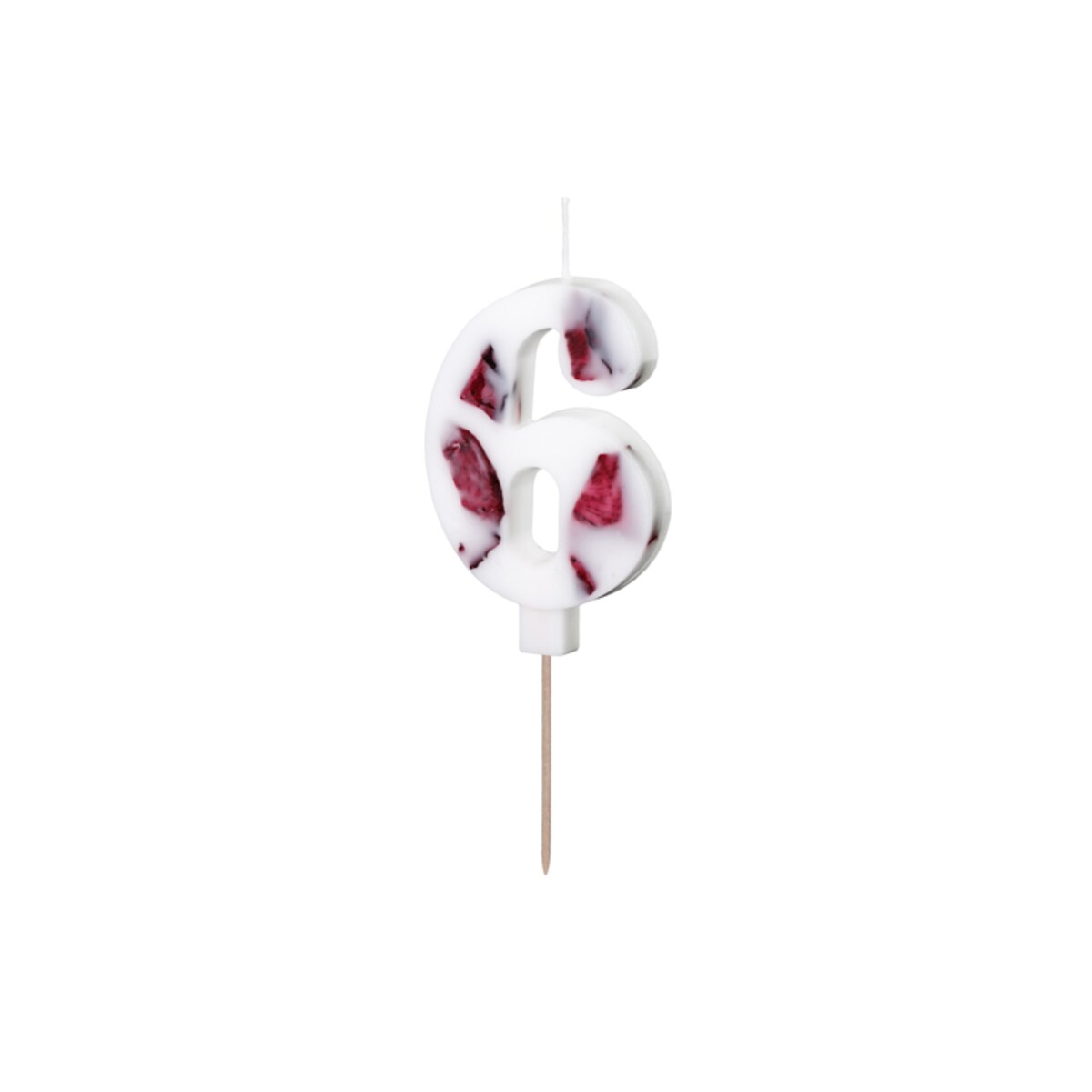 Świeczka urodzinowa Cyfra "6", biała z płatkami kwiatów, 8 cm