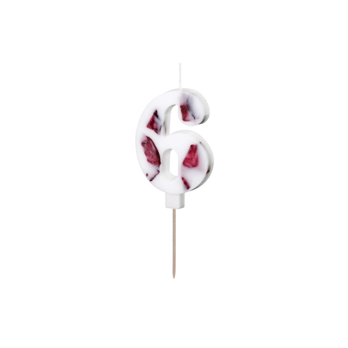 Świeczka urodzinowa Cyfra "6", biała z płatkami kwiatów, 8 cm