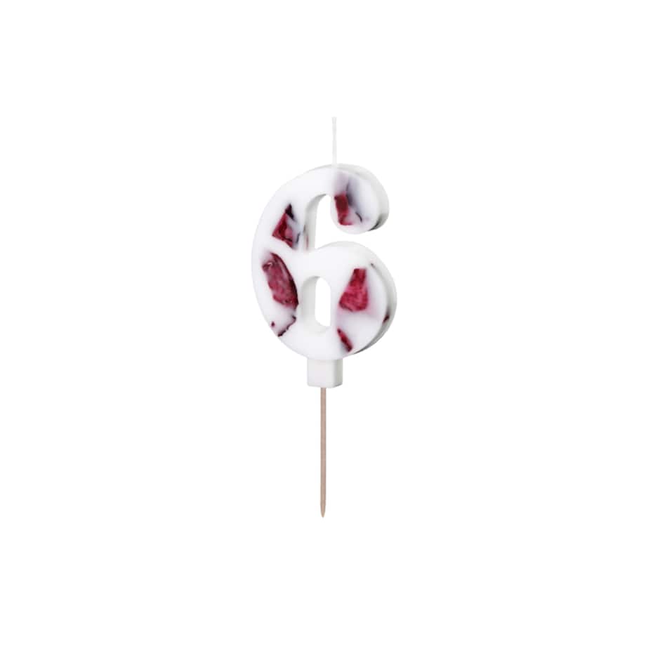 Świeczka urodzinowa Cyfra "6", biała z płatkami kwiatów, 8 cm