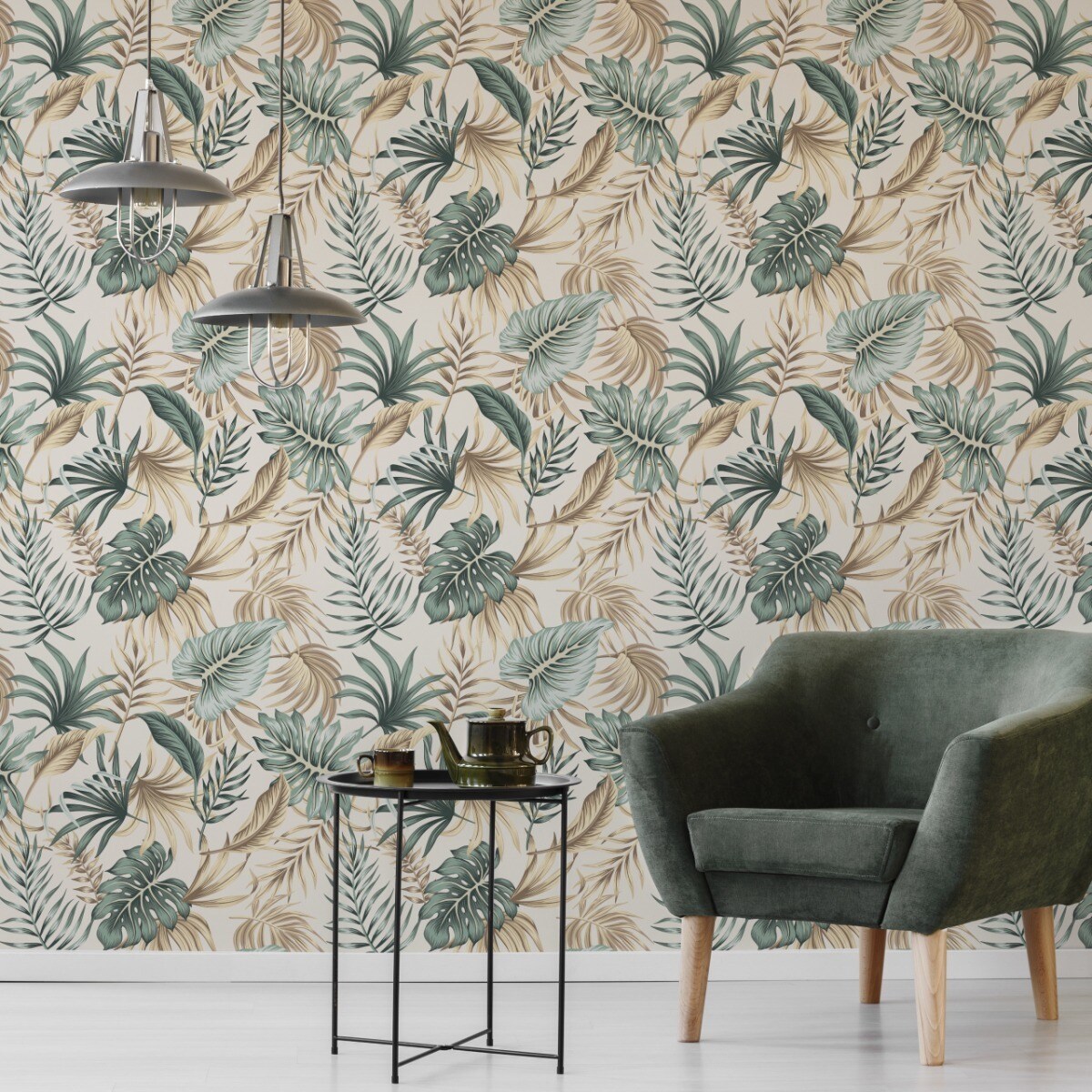 Tapeta LIŚCIE Tropikalne Na Beżowym Tle