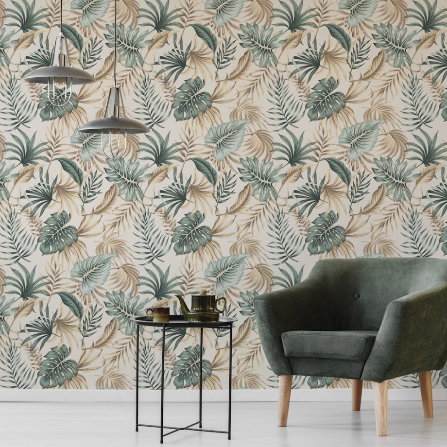 Tapeta LIŚCIE Tropikalne Na Beżowym Tle