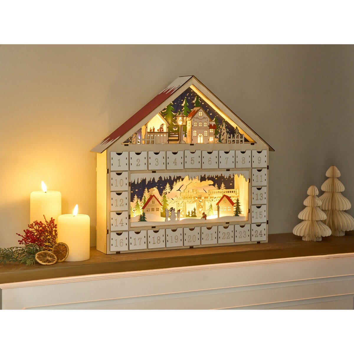 Dekoracja świąteczna LED NISSER Kalendarz adwentowy 44 cm Jasnobrązowy