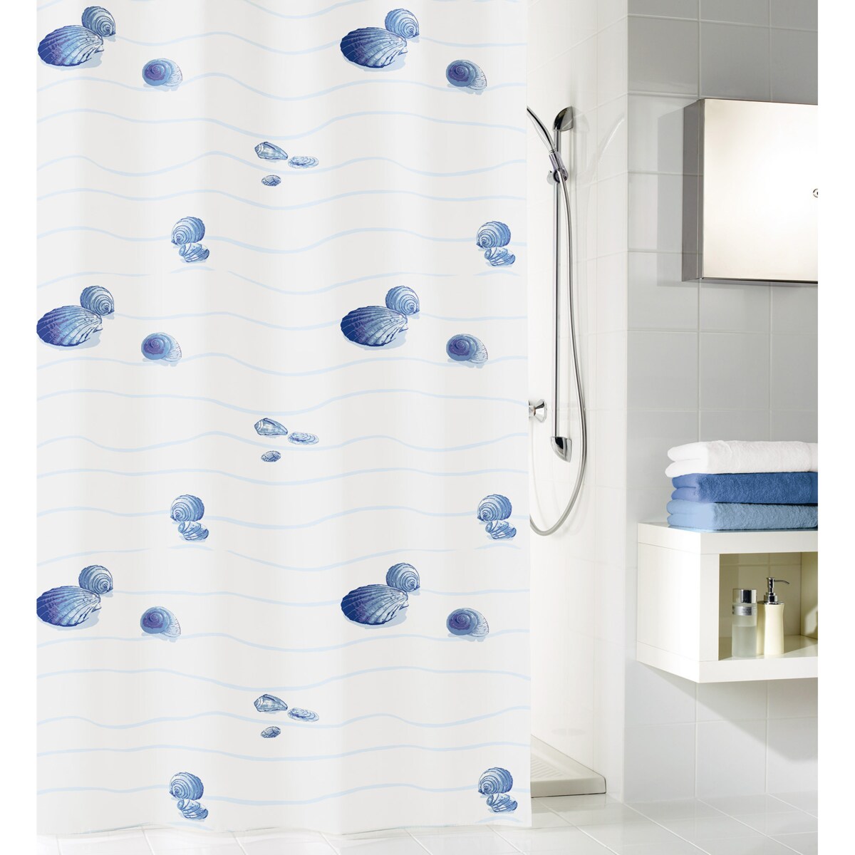 Kleine Wolke Miami Tekstylna Zasłona prysznicowa Blue 120x200 cm muszelki