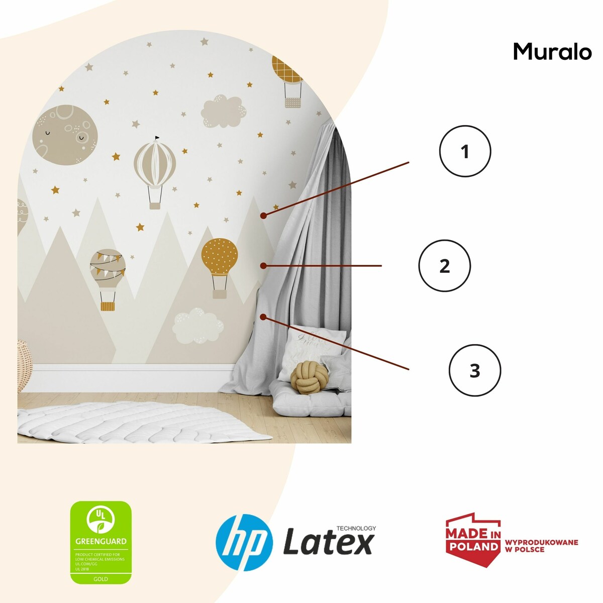 NAKLEJKI NA ŚCIANĘ DLA DZIECI BEŻOWE GÓRY GWIAZDY BALONY CHMURKI ZESTAW