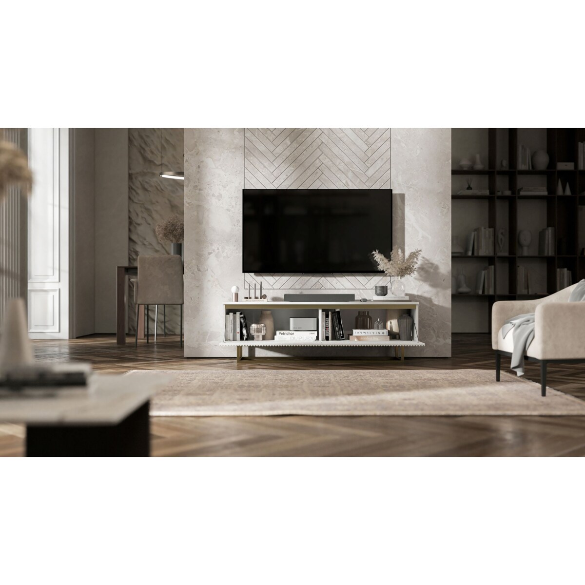 Nowoczesna Szafka RTV Glamour Komoda RTV Biały Mat 140 cm złote akcenty