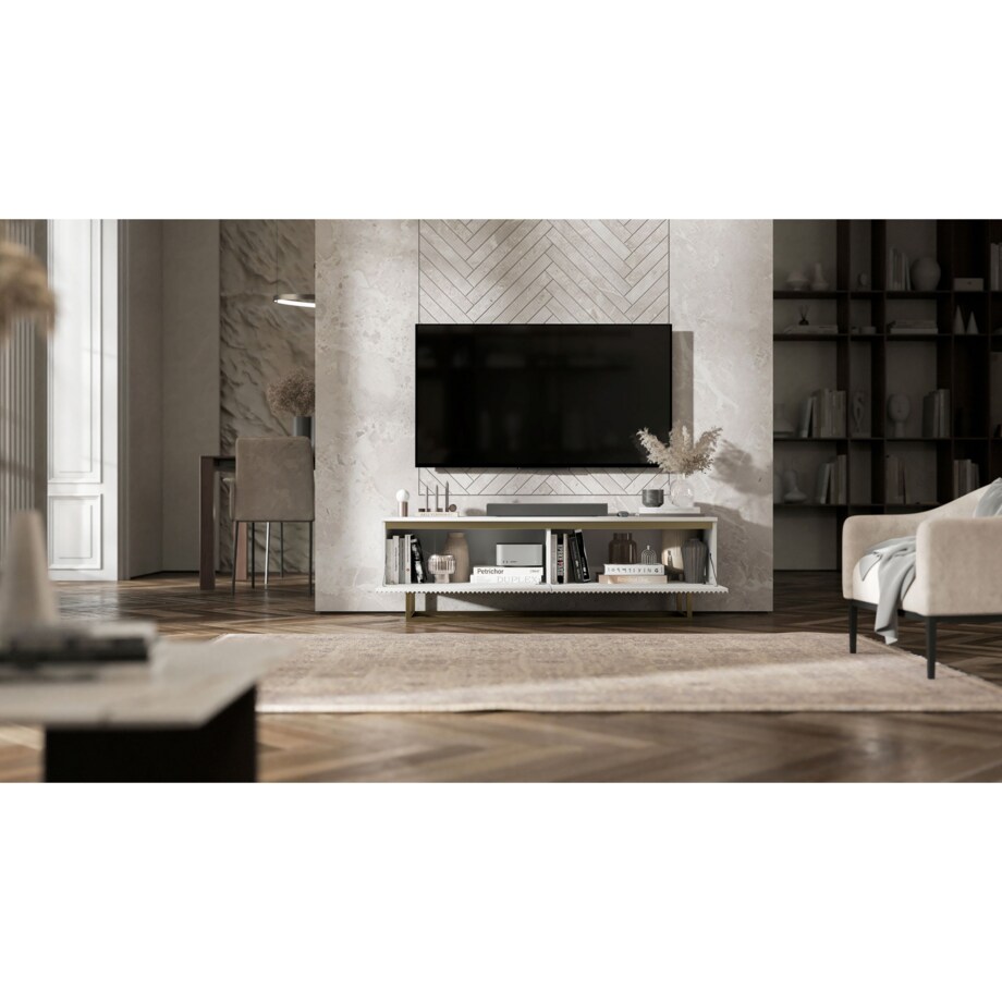 Nowoczesna Szafka RTV Glamour Komoda RTV Biały Mat 140 cm złote akcenty