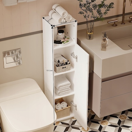 Szafka łazienkowa słupek wąski biały drzwi wysoki półki nowoczesna 101 cm