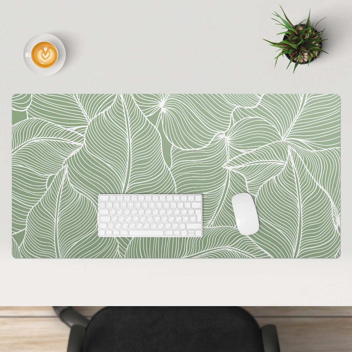 Zielona mata na biurko Liście z liniami, 100x50 cm