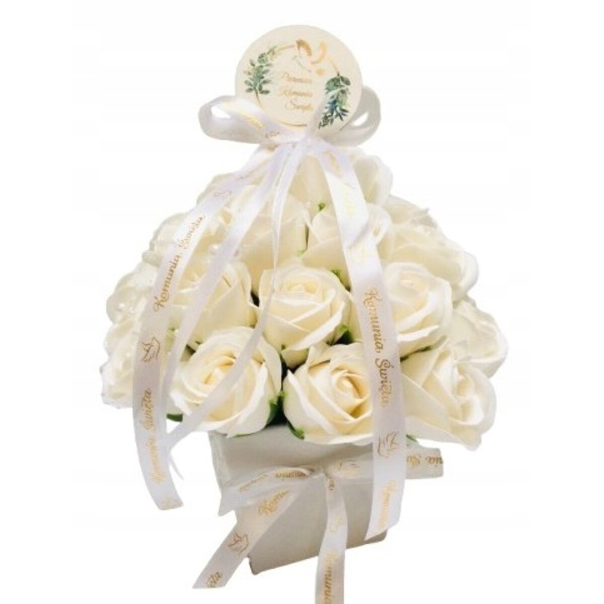 FLOWER BOX KWIATY mydlane BIAŁE na I KOMUNIA ŚWIĘTA prezent pamiątka róże