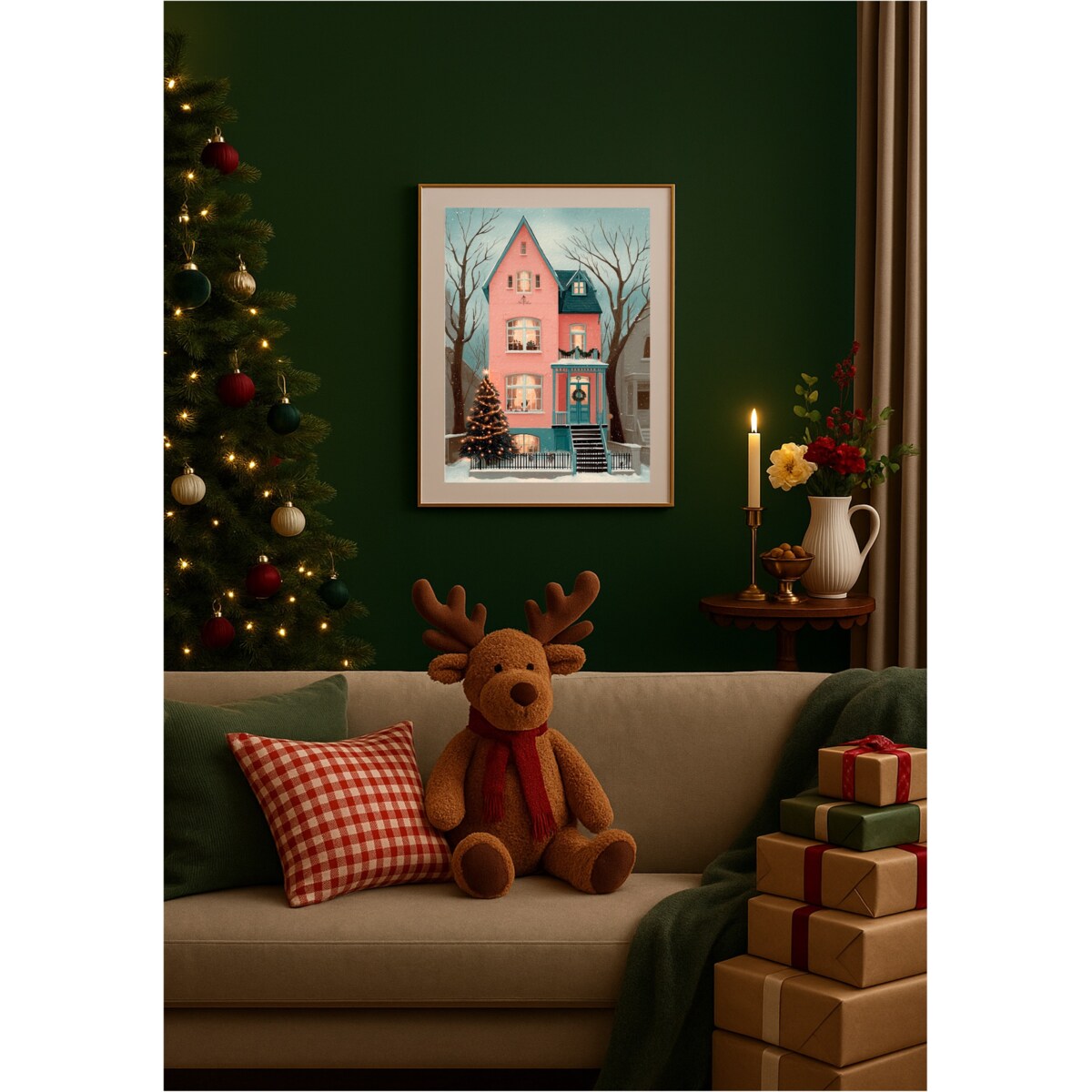 Poster Story, Plakat, Obraz - Zimowy Różowy Dom, wymiary 70 x 100 cm