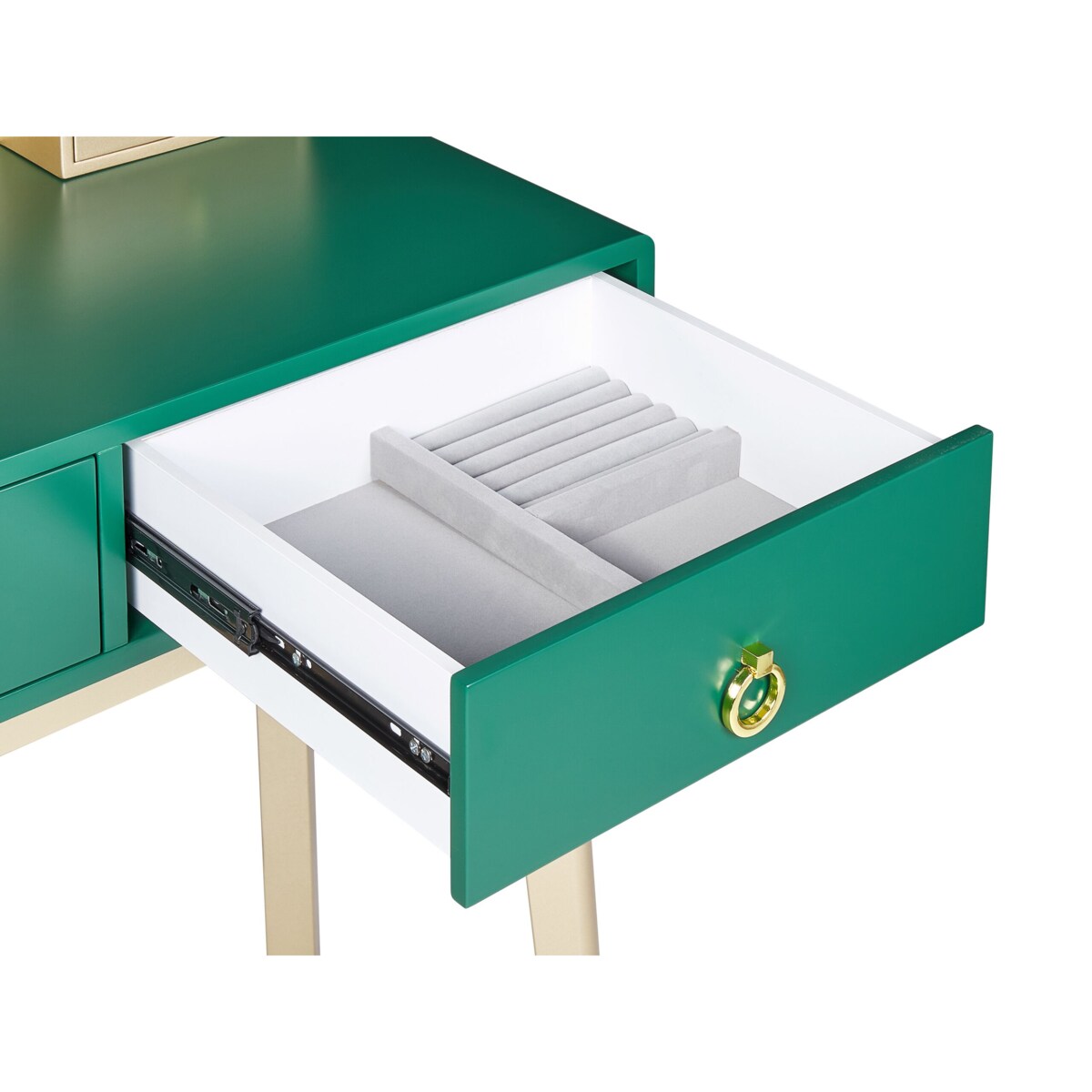 Toaletka 4 szuflady lustro LED ze stołkiem zielono-złota FEDRY