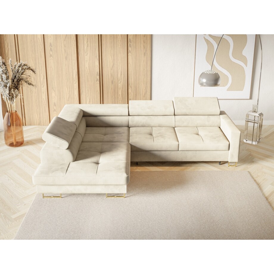 Narożnik rozkładany MERY z regulowanymi zagłówkami na złotych nóżkach lewy