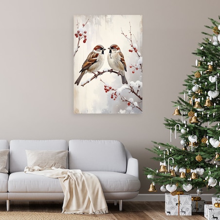 Obraz do salonu kuchni biura, Ptaki siedzące na gałęzi zimą w beżu