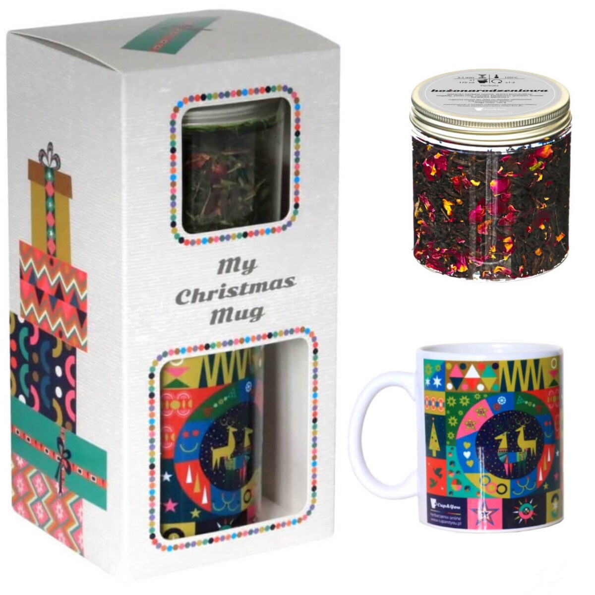 ŚWIĄTECZNY ZESTAW PREZENTOWY "MY GLOSSY CHRISTMAS MUG" HERBATA DO WYBORU KUBEK - PREZENT UPOMINEK NA MIKOŁAJA ŚWIĘTA GWIAZDKĘ BOŻE NARODZENIE POD CHOINKĘ DLA KOBIETY FACETA