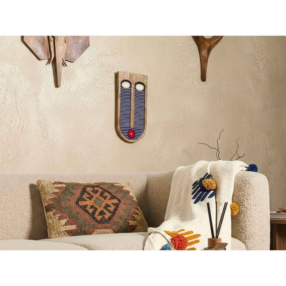 Dekoracja ścienna Twarz JIMETA Drewno mango 40 cm Niebieski