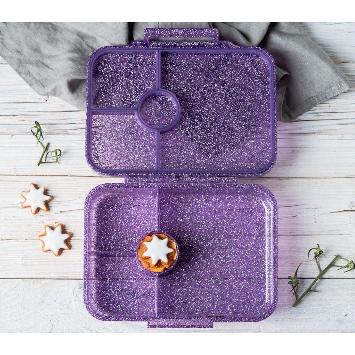 LEKKABOX GLAMOUR brokatowa śniadaniówka z przegródkami, Purple