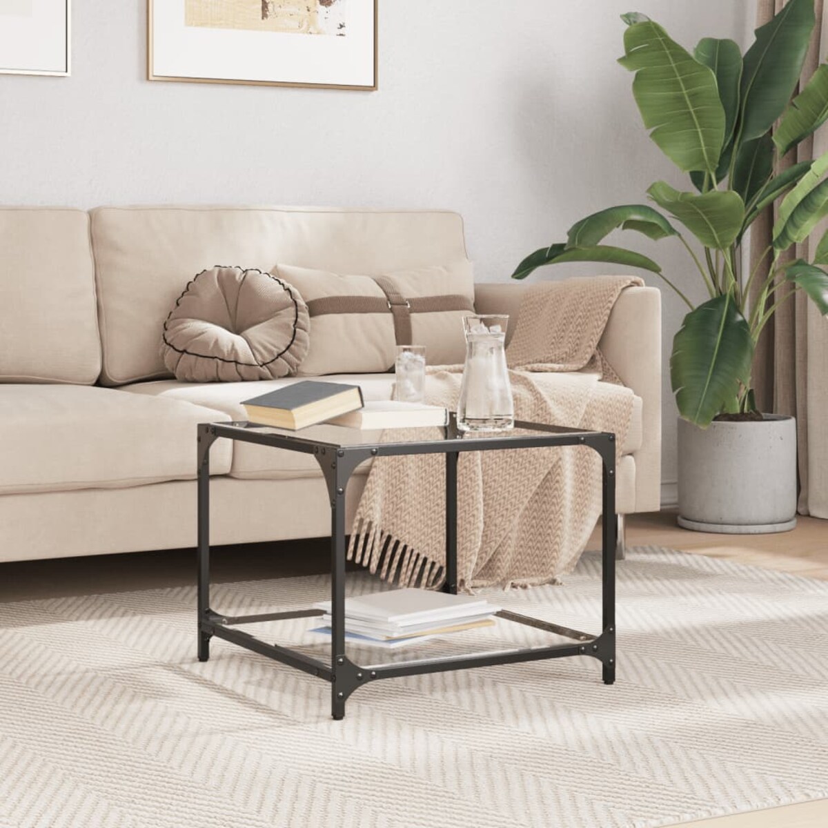 vidaXL Stolik kawowy ze szklanym blatem, 50x50x40 cm, stal