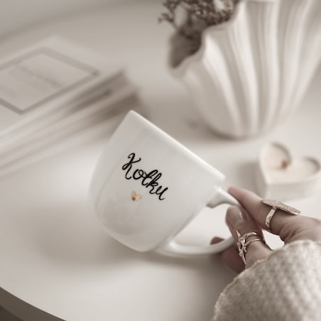 Biały Kubek Porcelanowy 300 ml - Napis Dzień Dobry Kotku ze Złotym Sercem dla Partnerki na Rocznicę