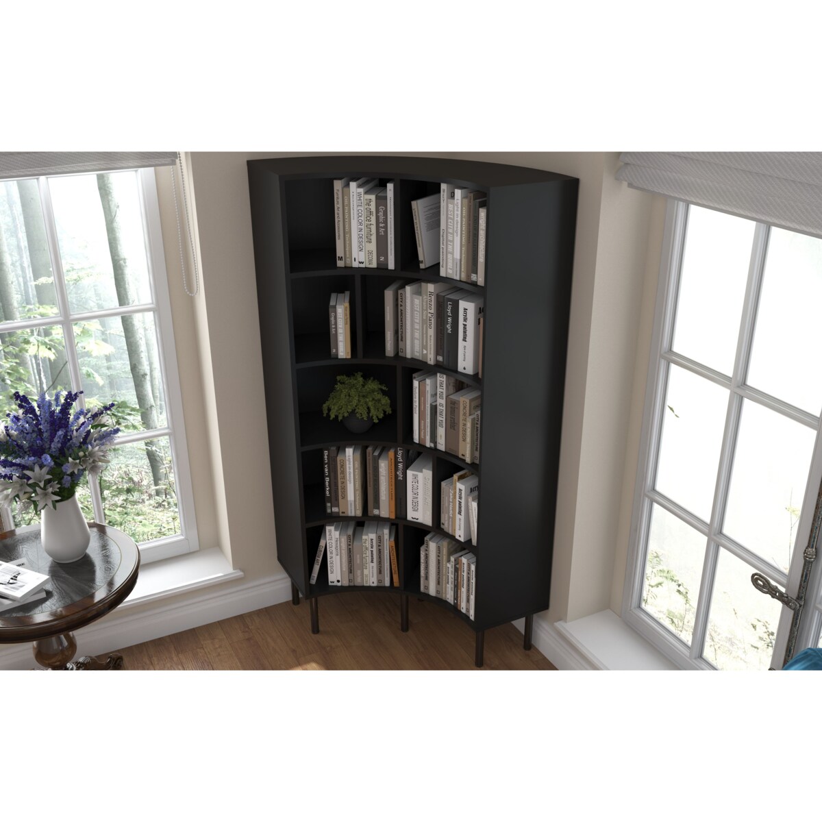 Nowoczesny narożny regał na książki Skandica HORN z czarnymi nogami / czarny / szer. 80 cm