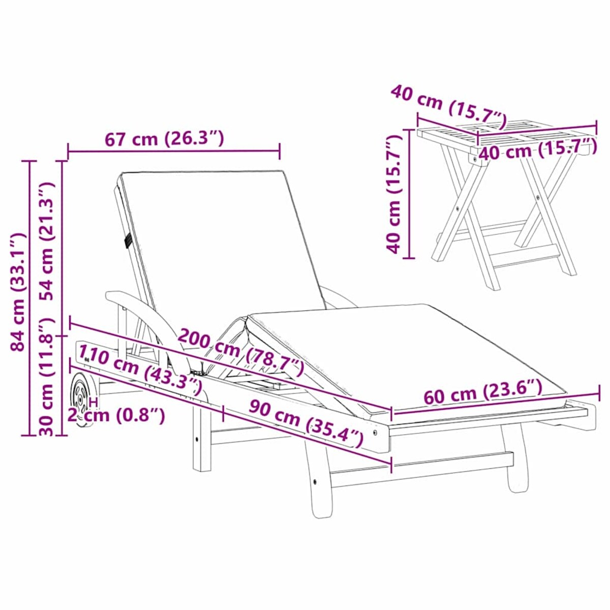 vidaXL Leżak 1-osoba 2 pcs Beżowy 40 x 40 x 40cm Lite drewno akacjowe