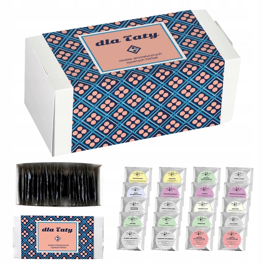ZESTAW PREZENTOWY UPOMINKOWY BOX - 20 RÓŻNYCH HERBAT SYPANYCH W SASZETKACH - PREZENT UPOMINEK DLA TATY TEŚCIA NA DZIEŃ OJCA URODZINY