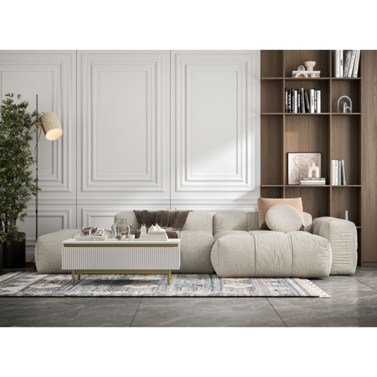 Stolik kawowy Glamour prostokątny elegancka ława Biały Mat Stelaż w złotym kolorze 109 cm