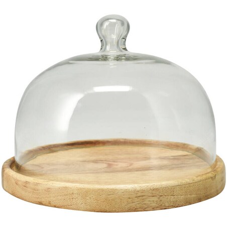 Drewniana patera na ciasto ze szklanym kloszem