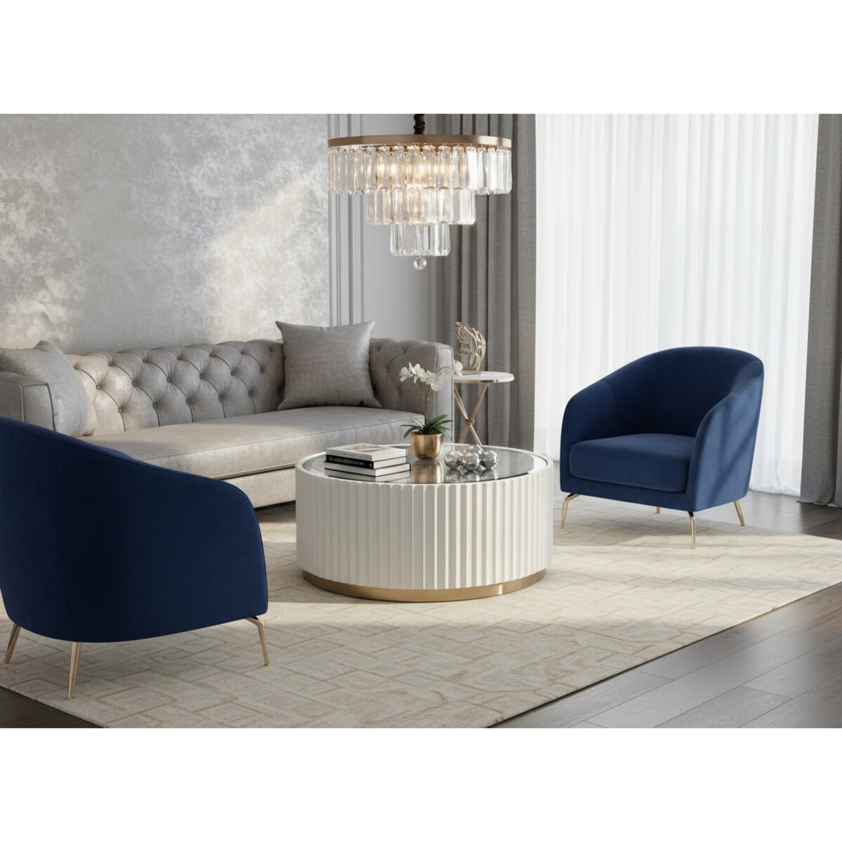 Stolik kawowy ryflowany biały okrągły złoty z szybą Livino Glamour Premium 90x90x50