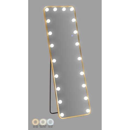 Lustro podłogowe Hollywood, kolor złoty, aluminium, 50 x 5 x 160 cm, kształt prostokątny, LED, do sypialni i garderoby, Mauro Ferretti