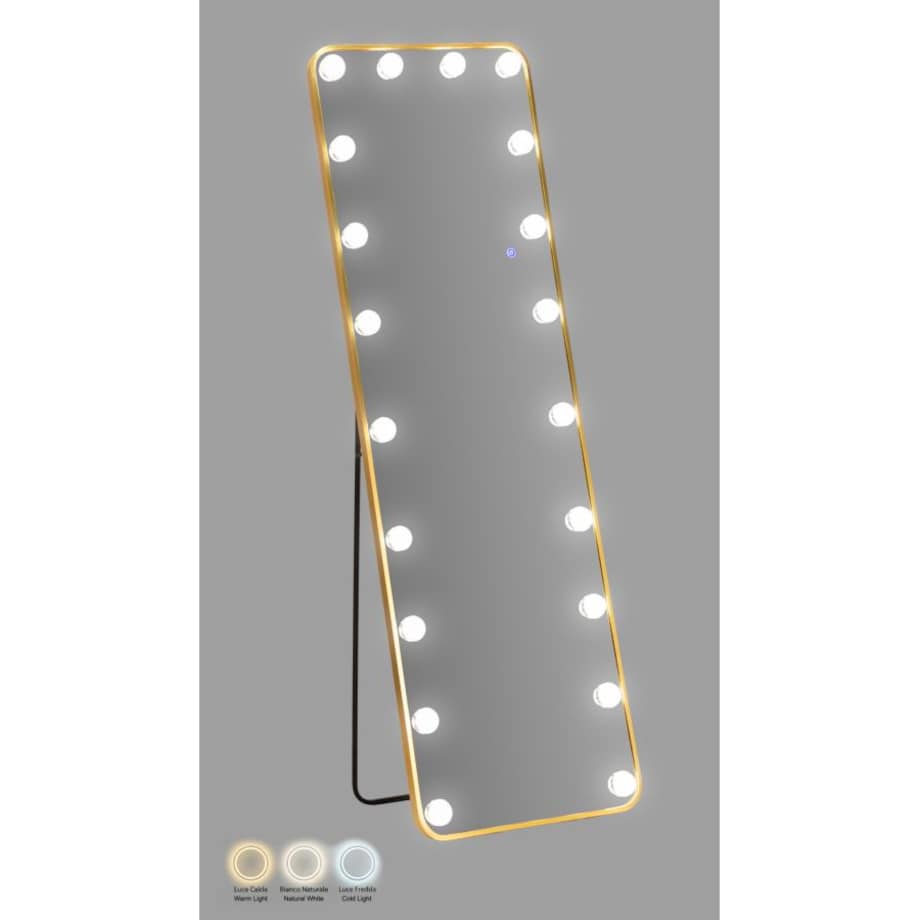 Lustro podłogowe Hollywood, kolor złoty, aluminium, 50 x 5 x 160 cm, kształt prostokątny, LED, do sypialni i garderoby, Mauro Ferretti