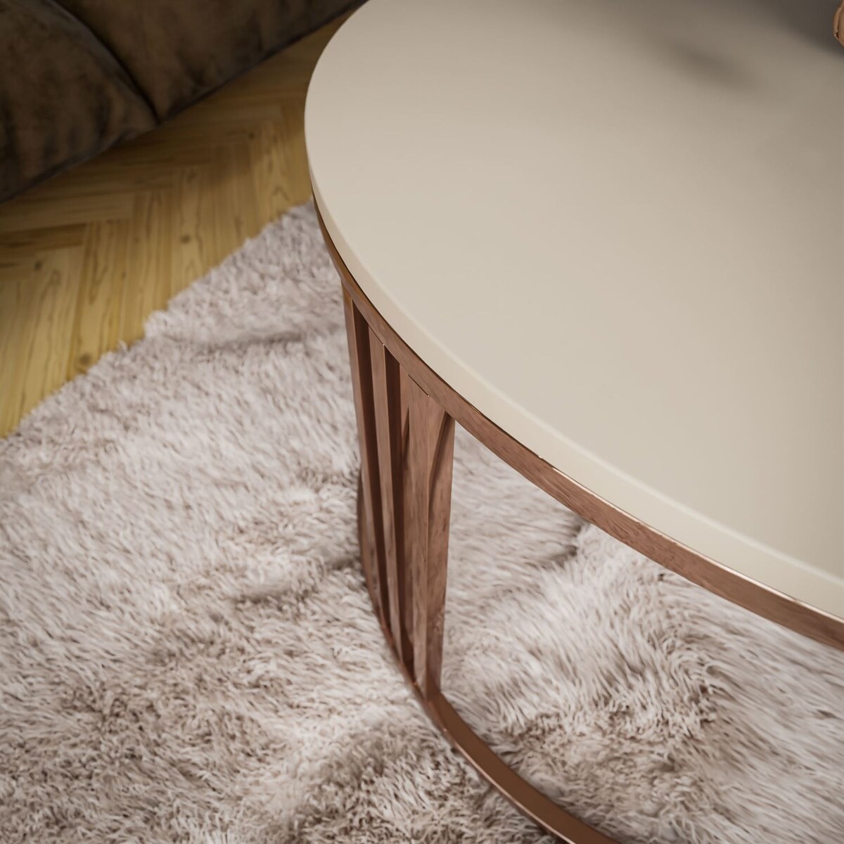 Okrągły stolik kawowy LORI mat z miedzianym stelażem, Kaszmir